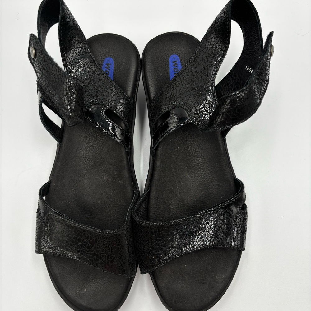 Wolky Black Textured Patent- Leather Slingback Sandals